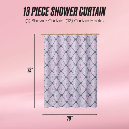 The Shower Curtain and Hooks Set, featuring a stylish diamond pattern, is shown against a pink background. This 13-piece set includes 1 fabric shower curtain (72" x 70") and 12 hooks—an ideal addition to your bathroom decor.