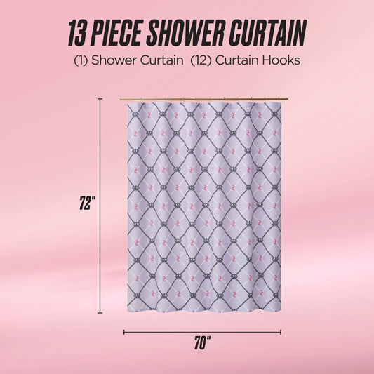 The Shower Curtain and Hooks Set, featuring a stylish diamond pattern, is shown against a pink background. This 13-piece set includes 1 fabric shower curtain (72" x 70") and 12 hooks—an ideal addition to your bathroom decor.