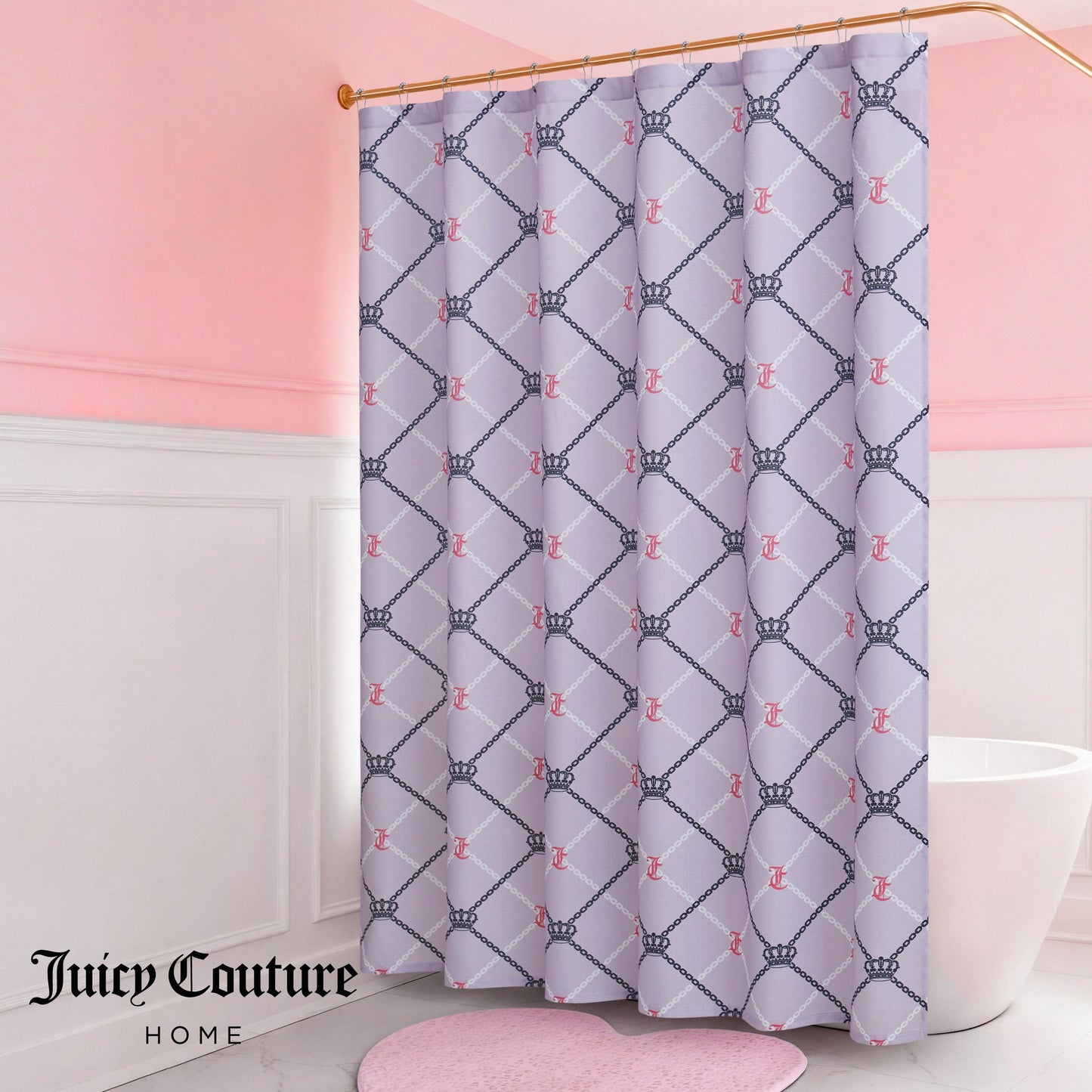 A pink and white bathroom features the Shower Curtain and Hooks Set with a diamond pattern, crowns, and J logos. A round pink rug adds charm, while "Juicy Couture Home" appears in the corner for stylish decor.