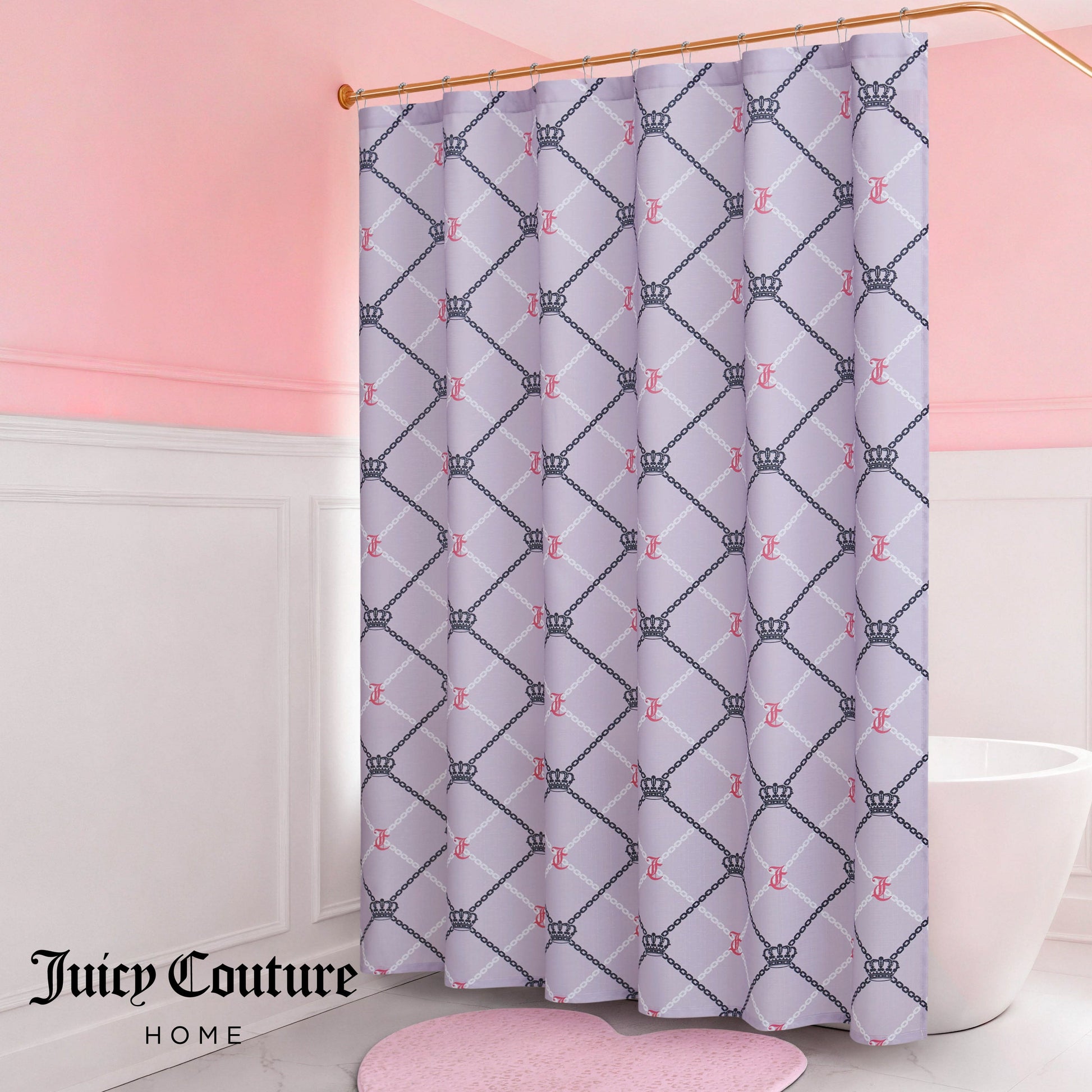A pink and white bathroom features the Shower Curtain and Hooks Set with a diamond pattern, crowns, and J logos. A round pink rug adds charm, while "Juicy Couture Home" appears in the corner for stylish decor.