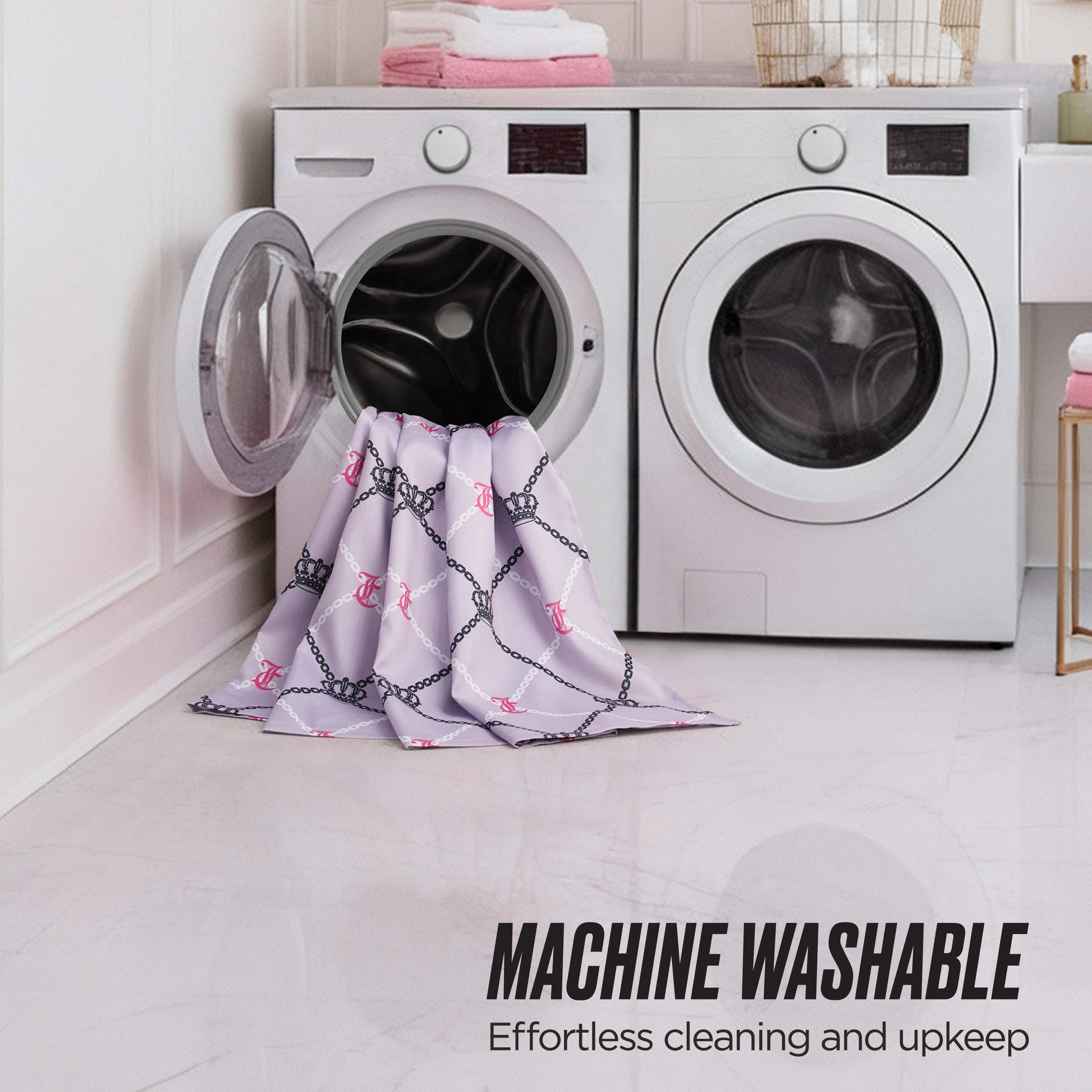 A Shower Curtain and Hooks Set hangs in a modern, clean laundry room beside a dryer. Text reads: MACHINE WASHABLE – Easy to clean and maintain, just like your favorite fabric shower curtain.