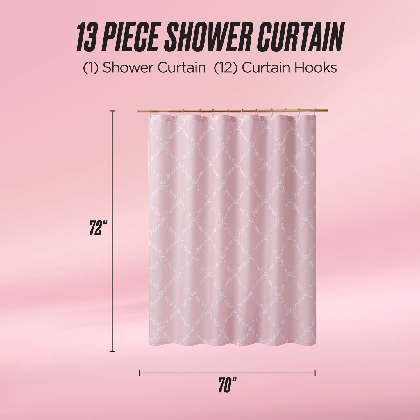 The Shower Curtain and Hooks Set features a pink curtain with a subtle white pattern (72” x 70”) and comes with 12 matching hooks. Includes 1 fabric shower curtain. Pink background—perfect for bathroom decor.