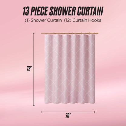 The Shower Curtain and Hooks Set features a pink curtain with a subtle white pattern (72” x 70”) and comes with 12 matching hooks. Includes 1 fabric shower curtain. Pink background—perfect for bathroom decor.