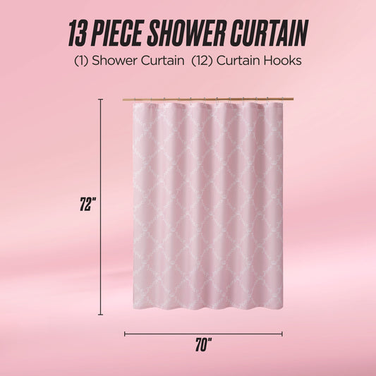 The Shower Curtain and Hooks Set features a pink curtain with a subtle white pattern (72” x 70”) and comes with 12 matching hooks. Includes 1 fabric shower curtain. Pink background—perfect for bathroom decor.