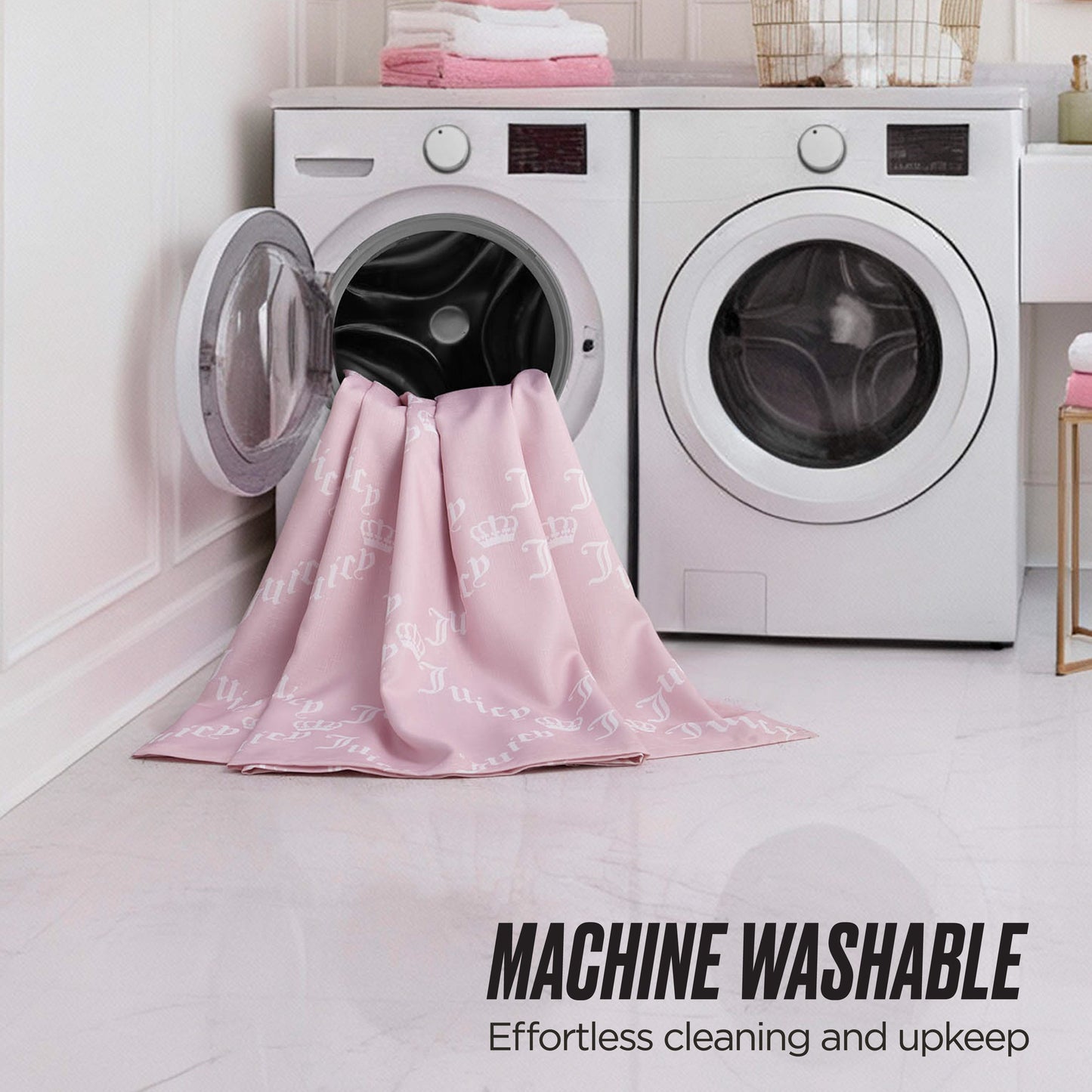 A pink Shower Curtain and Hooks Set with white crown patterns is shown near a modern washer and dryer—ideal for enhancing your bathroom decor. The text reads: MACHINE WASHABLE - Effortless cleaning and upkeep.
