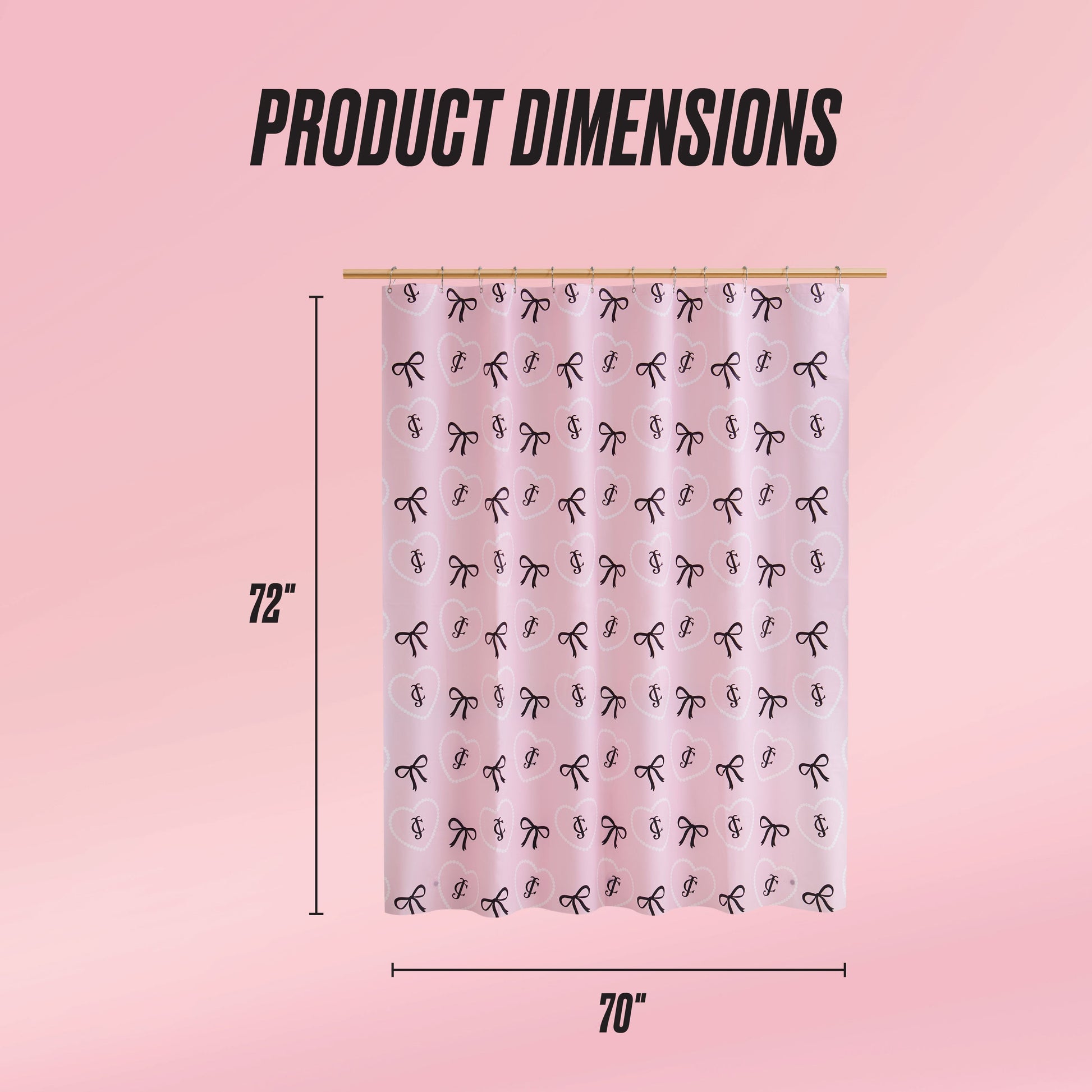 A PEVA Shower Curtain Liner with pink color and black bow patterns hangs from a rod. "Product Dimensions" text and arrows show it measures 72 inches tall by 70 inches wide. The background is light pink.