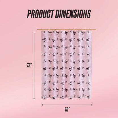 A PEVA Shower Curtain Liner with pink color and black bow patterns hangs from a rod. "Product Dimensions" text and arrows show it measures 72 inches tall by 70 inches wide. The background is light pink.