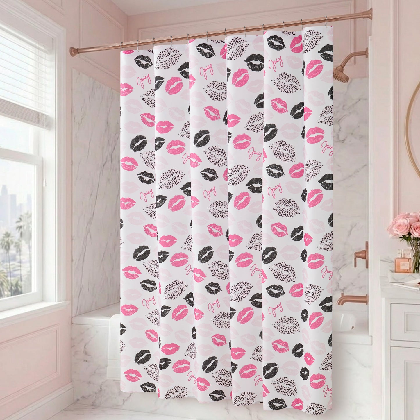 The Cheetah Kisses Shower Curtain with PEVA Liner and Hooks 14-Piece Set features a bold white design adorned with pink and black lip prints and the word "Oops!" in pink, bringing Juicy Couture-inspired style to a bright, elegant bathroom with marble walls and chic pink accents—perfect for adding playful flair to your bathroom decor.