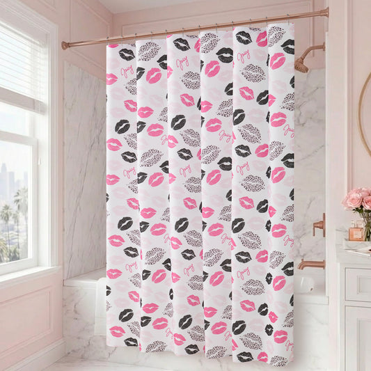 The Cheetah Kisses Shower Curtain with PEVA Liner and Hooks 14-Piece Set features a bold white design adorned with pink and black lip prints and the word "Oops!" in pink, bringing Juicy Couture-inspired style to a bright, elegant bathroom with marble walls and chic pink accents—perfect for adding playful flair to your bathroom decor.