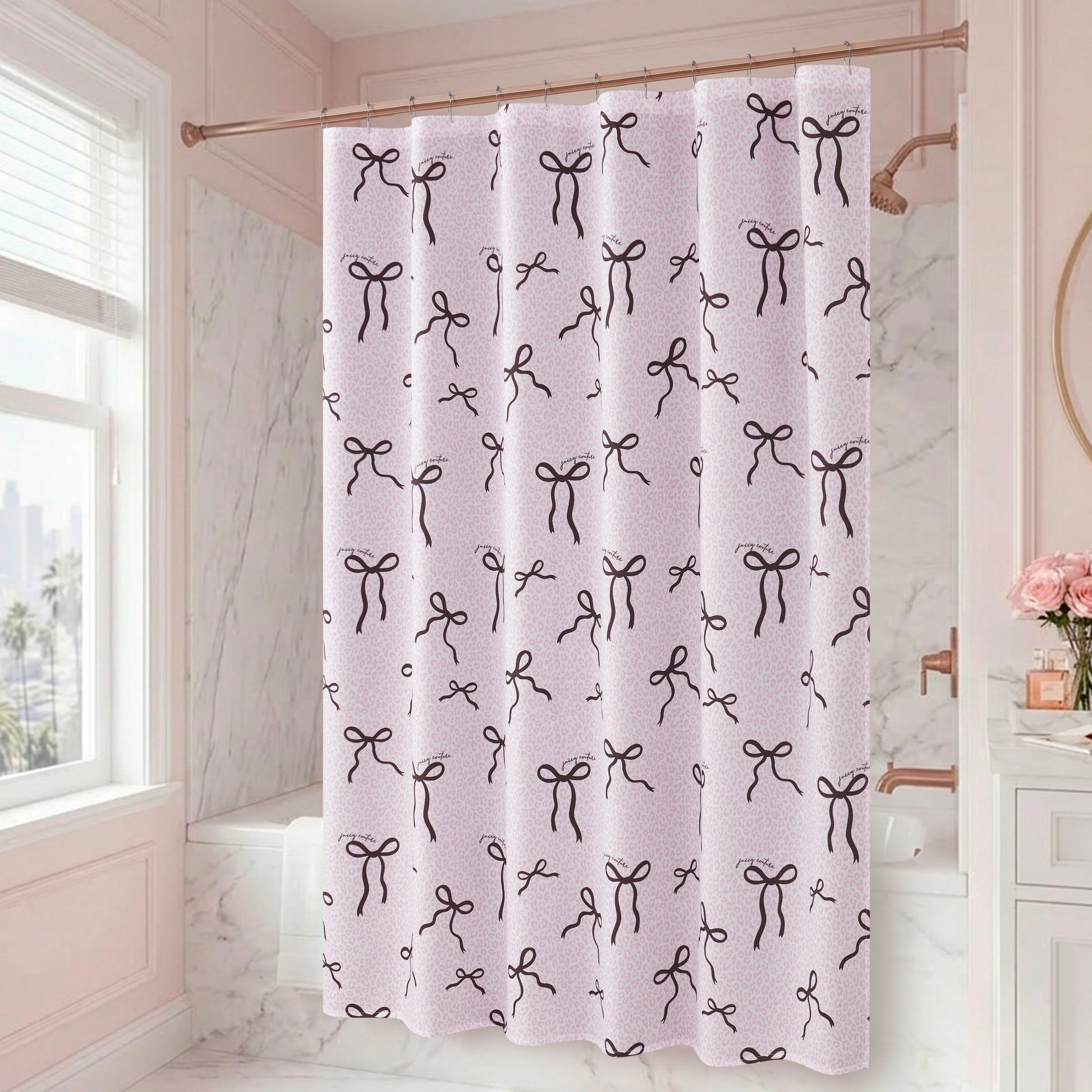 A bathroom with marble walls features a statement shower curtain—the Bow Leopard Shower Curtain with PEVA Liner and Hooks 14-Piece Set, showcasing chic bow patterns. A vase filled with pink flowers sits on the counter, while sunlight pours through a window, adding an elegant touch to the overall bathroom decor.