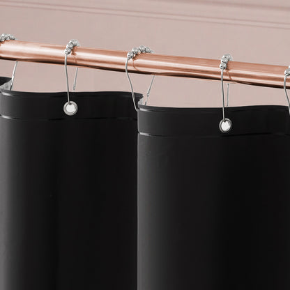 The Bow Leopard Shower Curtain with PEVA Liner and Hooks 14-Piece Set hanging from a copper-colored rod with silver curtain rings makes a bold statement in your bathroom decor, beautifully contrasting against the light pink wall.