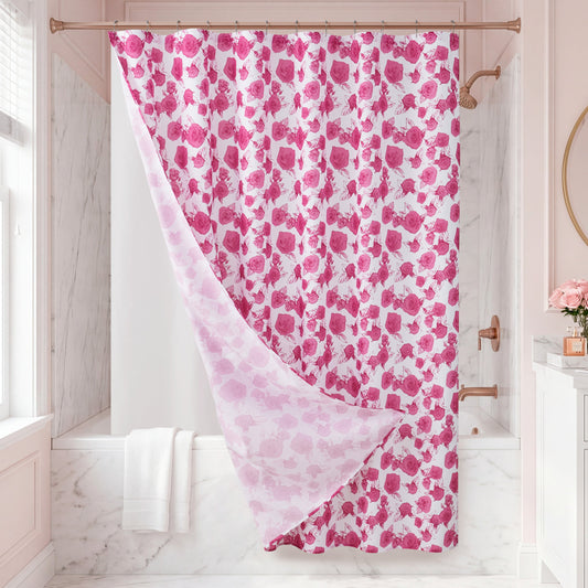 The Larissa Floral Shower Curtain with PEVA Liner and Hooks 14-Piece Set in soft pink and white blooms hangs gracefully in a marble bathroom adorned with rose gold fixtures. A bouquet of pink flowers on the counter enhances the stylish bath decor, while a white towel is neatly draped nearby.