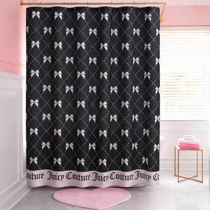 The Shower Curtain and Hooks Set features a black design with a white bow and dotted diamond pattern, bringing stylish flair to your pink and white bathroom when paired with coordinating pink bath accessories and a bright window.