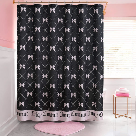 The Shower Curtain and Hooks Set features a black design with a white bow and dotted diamond pattern, bringing stylish flair to your pink and white bathroom when paired with coordinating pink bath accessories and a bright window.