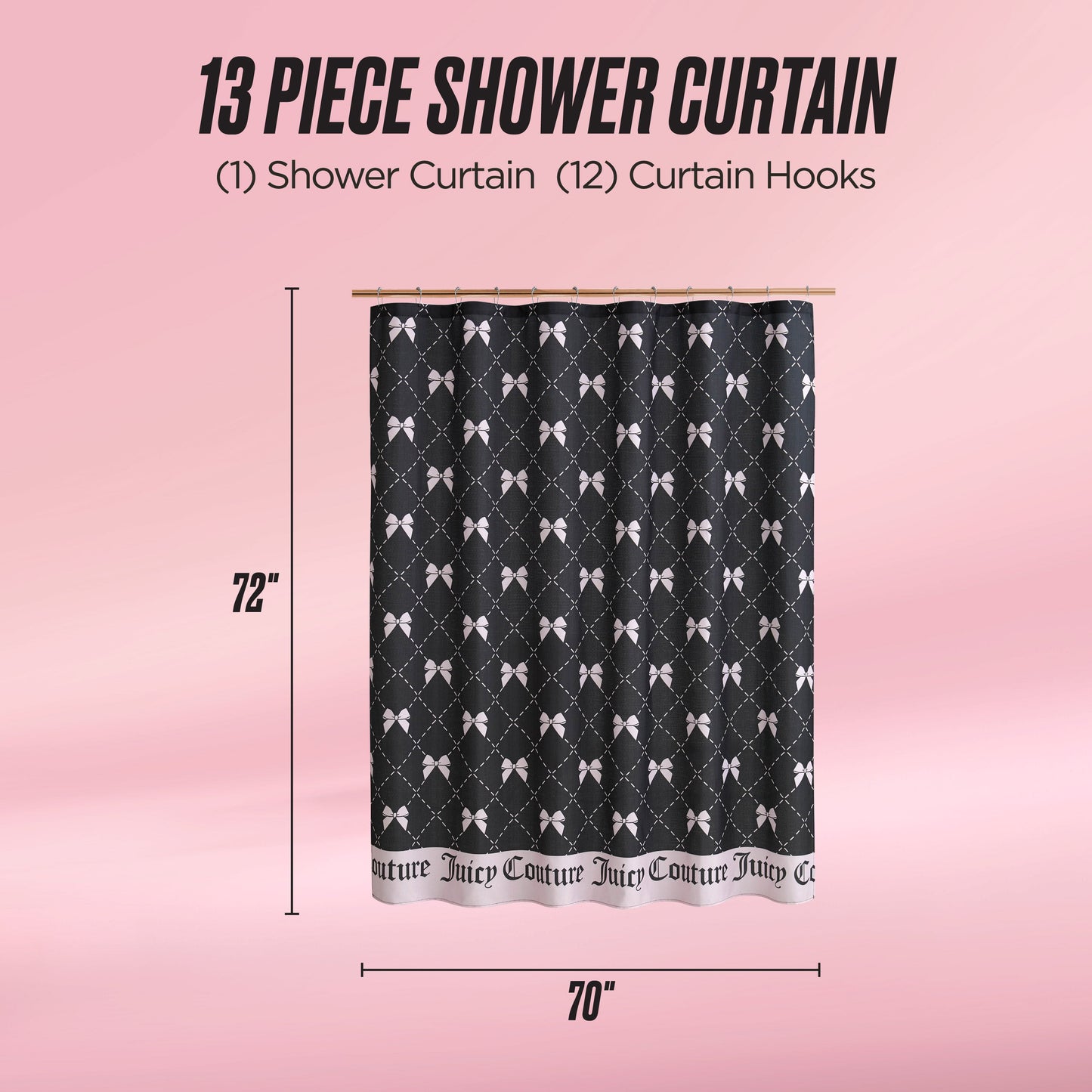 The Shower Curtain and Hooks Set features a black and white argyle print (72" x 70") that adds chic style to your bathroom. Displayed as a “13 Piece Fabric Shower Curtain,” it includes coordinating hooks for easy hanging.