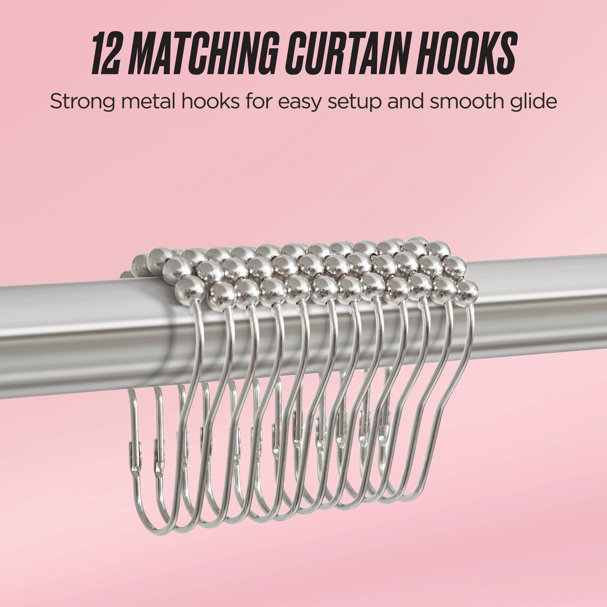 The Shower Curtain and Hooks Set includes twelve silver metal hooks lined up on a rod against a pink background—strong, easy-to-use hooks for smooth glide and effortless bathroom decor enhancement.