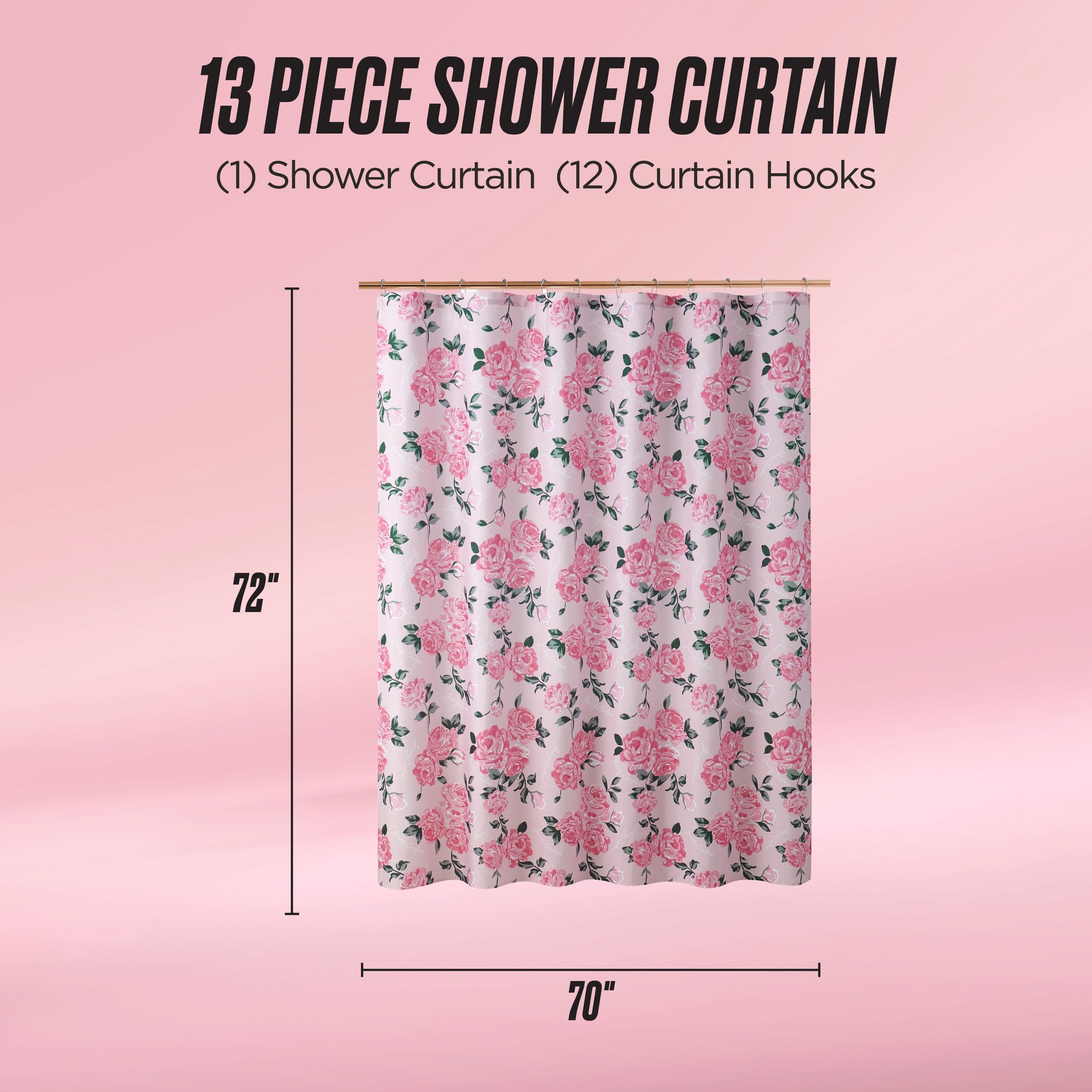 The Shower Curtain and Hooks Set features pink flowers and green leaves on a white background, measures 72x70 inches, and includes twelve hooks—ideal for adding chic style to your bathroom. Presented with text on a pink gradient background.