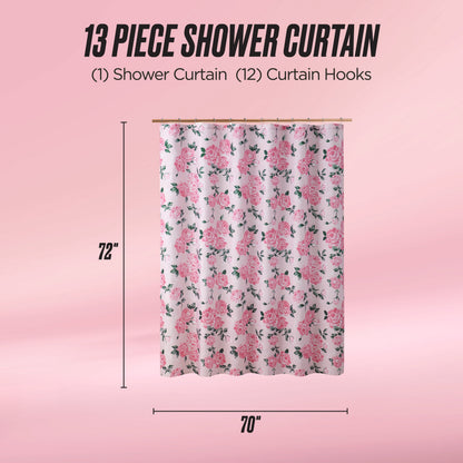 The Shower Curtain and Hooks Set features pink flowers and green leaves on a white background, measures 72x70 inches, and includes twelve hooks—ideal for adding chic style to your bathroom. Presented with text on a pink gradient background.