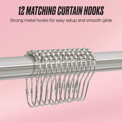 The Shower Curtain and Hooks Set features twelve silver metal hooks with round beads on a matching rod, displayed against a light pink background. Ideal for enhancing your bathroom decor, they provide easy installation and a smooth glide for any fabric curtain.