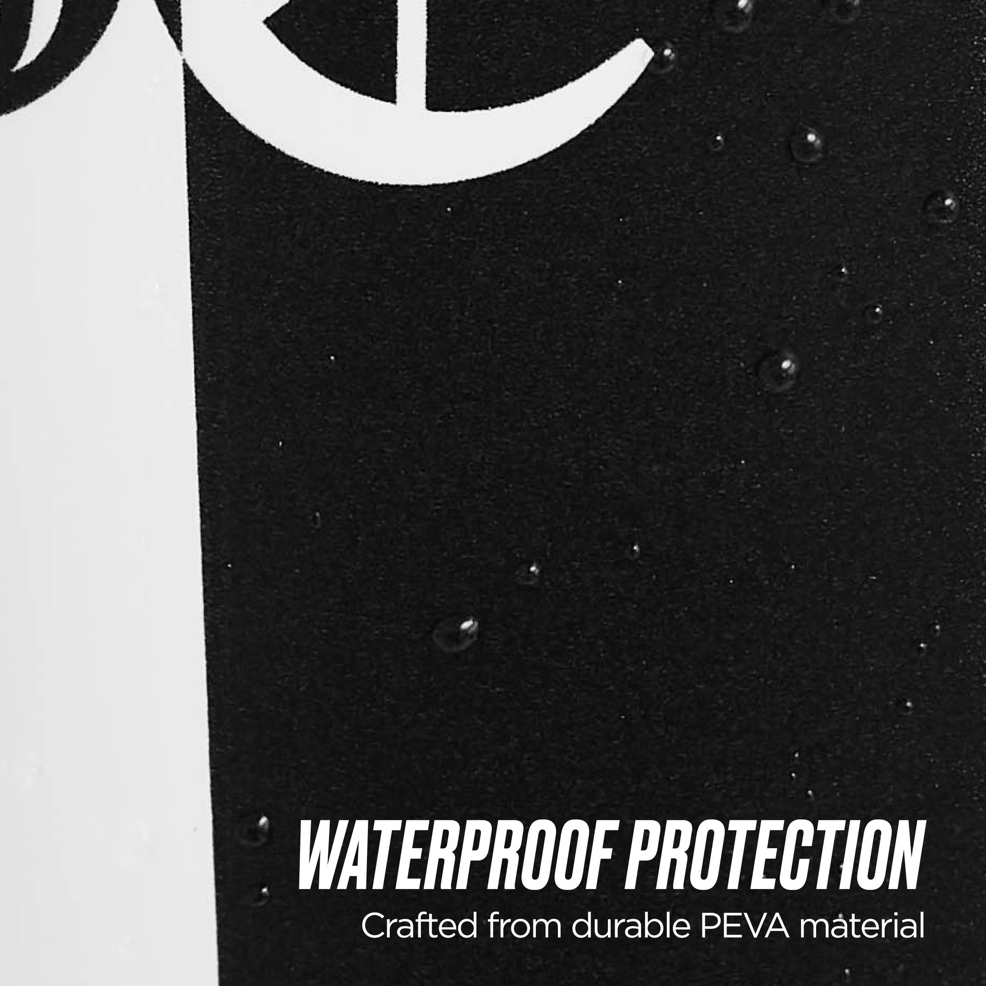 Close-up of a black and white surface with water droplets, featuring bold white text at the bottom that reads WATERPROOF PROTECTION and smaller text below, Crafted from durable PEVA Shower Curtain Liner material.