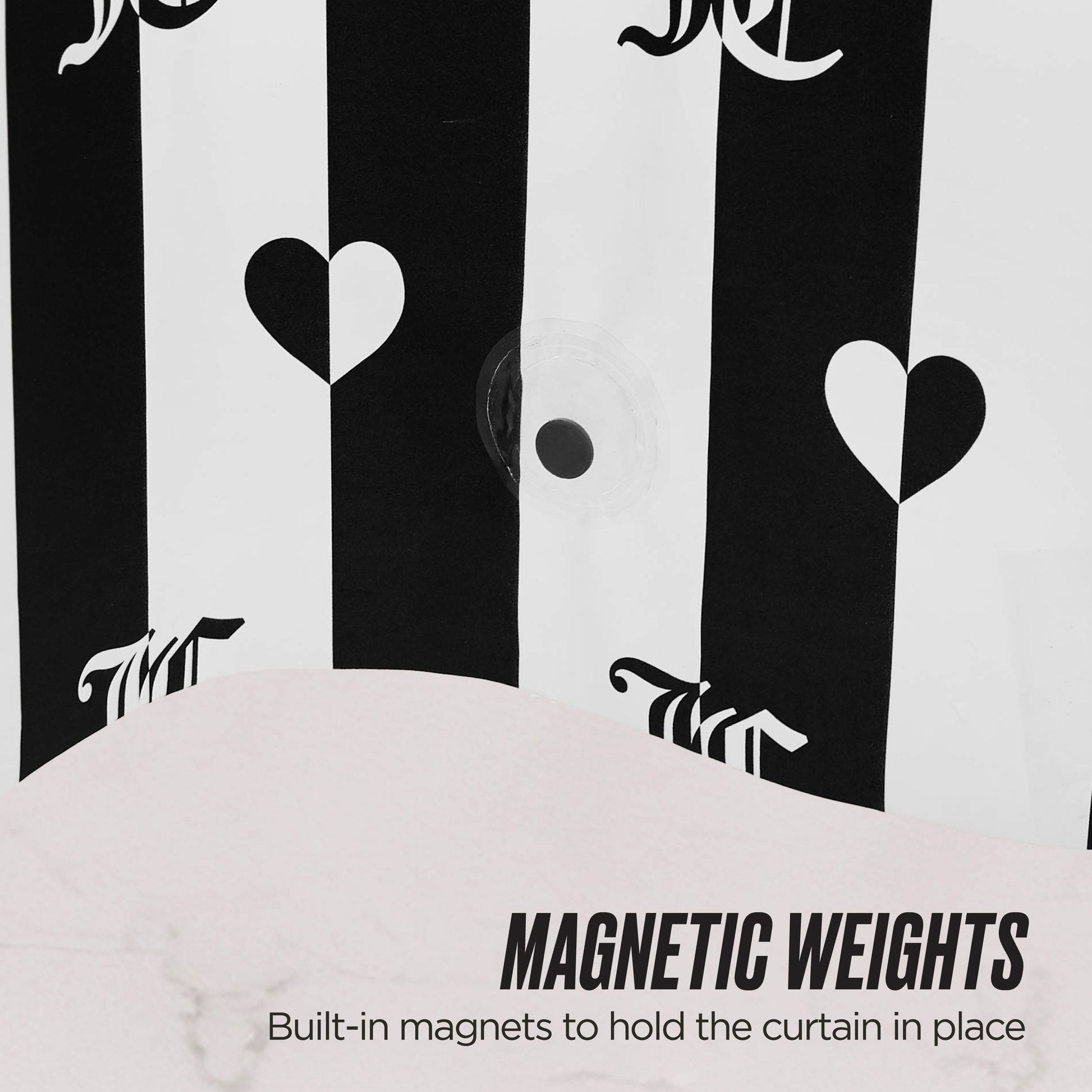 PEVA Shower Curtain Liner with black and white stripes and heart designs features built-in magnets to keep the waterproof curtain securely in place.