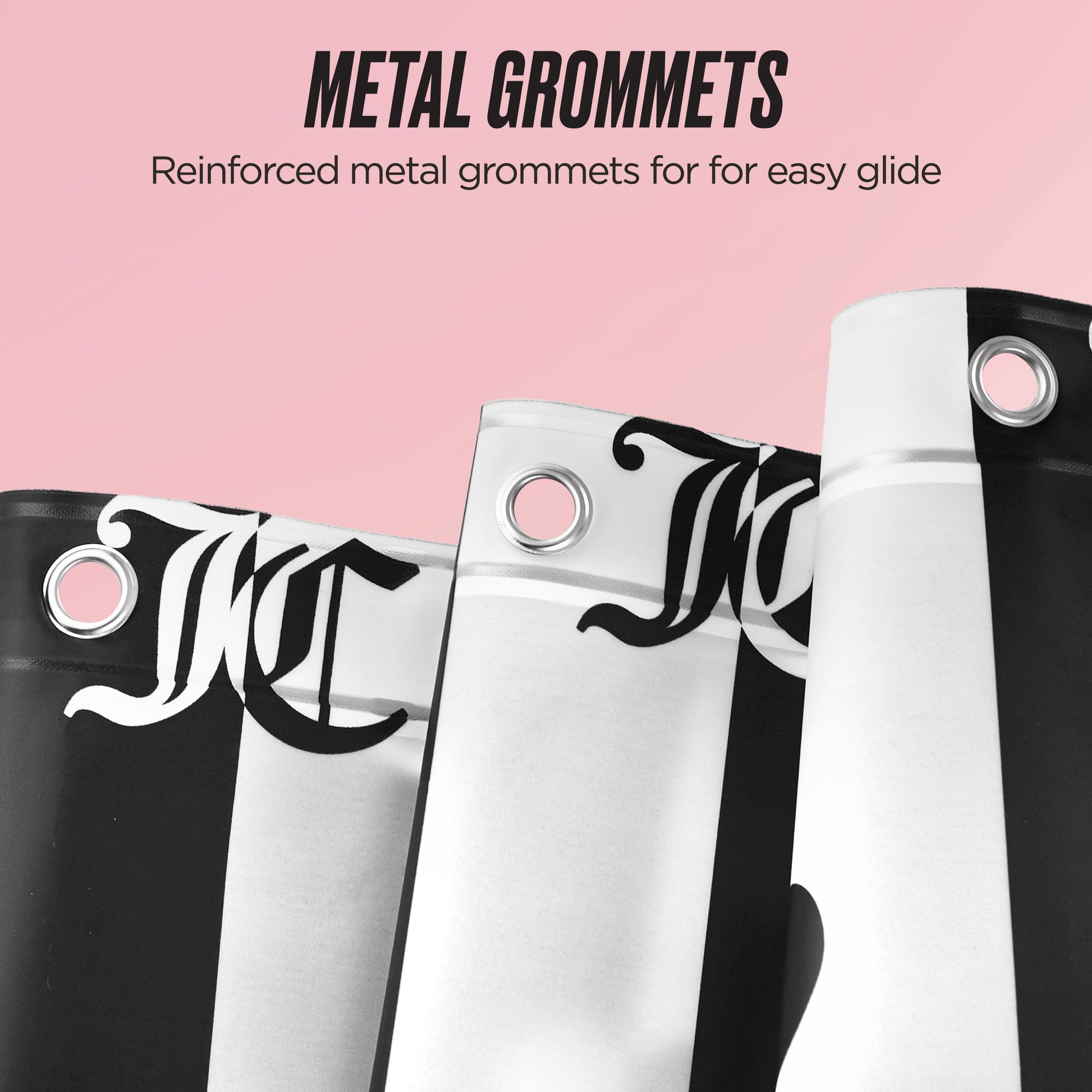 Three PEVA Shower Curtain Liners in black and white with reinforced metal grommets are displayed on a pink background. Text: METAL GROMMETS – Reinforced for easy glide.