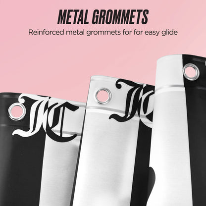 Three PEVA Shower Curtain Liners in black and white with reinforced metal grommets are displayed on a pink background. Text: METAL GROMMETS – Reinforced for easy glide.