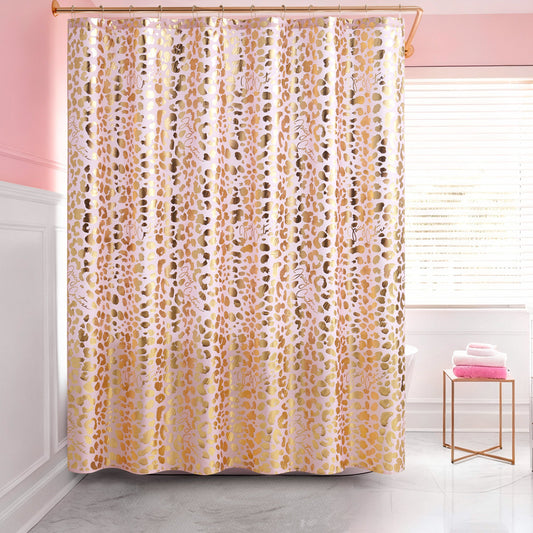 A bathroom with light pink walls, white wainscoting, and a Shower Curtain and Hooks Set in gold and pink leopard print. Sunlight filters through white blinds, while folded towels rest on a gold stand—chic bathroom decor.