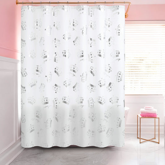 The Shower Curtain and Hooks Set with a gray crown pattern adds chic decor to this pink and white bathroom, which features a window, white bathtub, and folded pink and white towels on a small table.