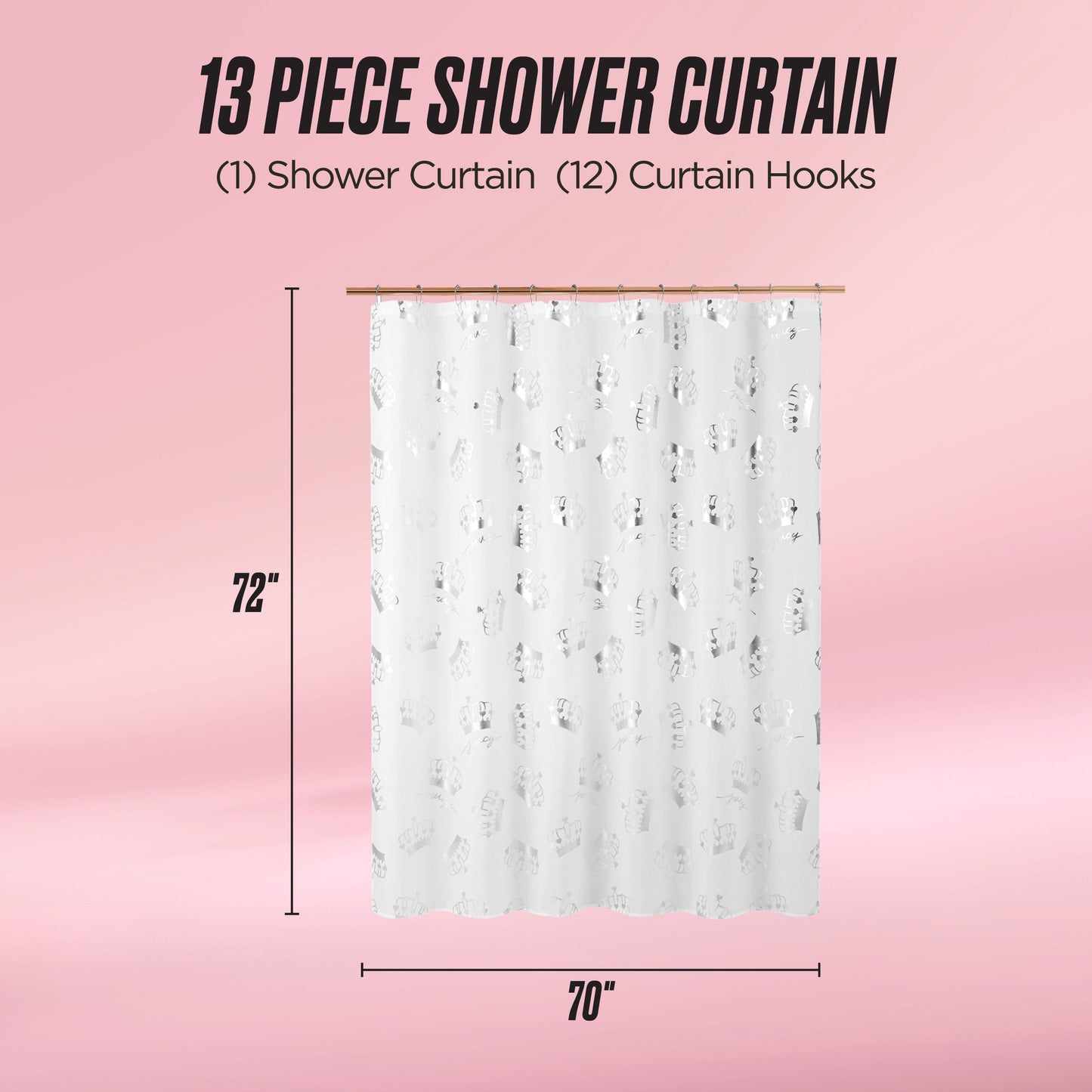 The Shower Curtain and Hooks Set features a white fabric curtain with a subtle pattern, includes 12 hooks, and measures 72"x70". Elegant and perfect for elevating your bathroom decor. Shown against a pink gradient background.