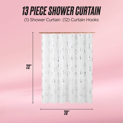 The Shower Curtain and Hooks Set features a white fabric curtain with a subtle pattern, includes 12 hooks, and measures 72"x70". Elegant and perfect for elevating your bathroom decor. Shown against a pink gradient background.
