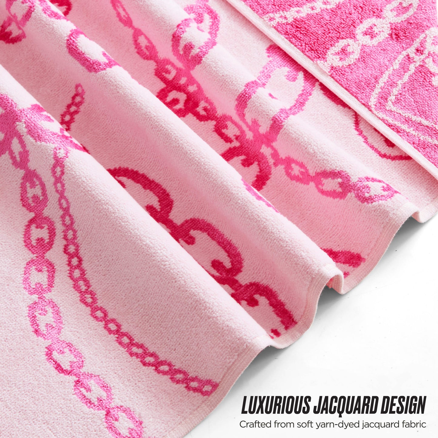 Close-up of the Printed Jacquard Bath Towel Set in soft pink with a darker pink interlocking chain pattern. “Luxurious Jacquard Design. Crafted from soft, yarn-dyed jacquard fabric.” Perfect for adding elegance to any bathroom.