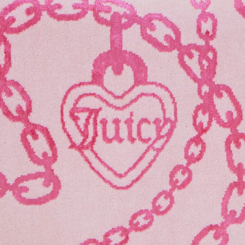 A pink chain pattern with a heart-shaped pendant reading "Juicy," inspired by the Printed Jacquard Bath Towel Set, set against a light pink background.