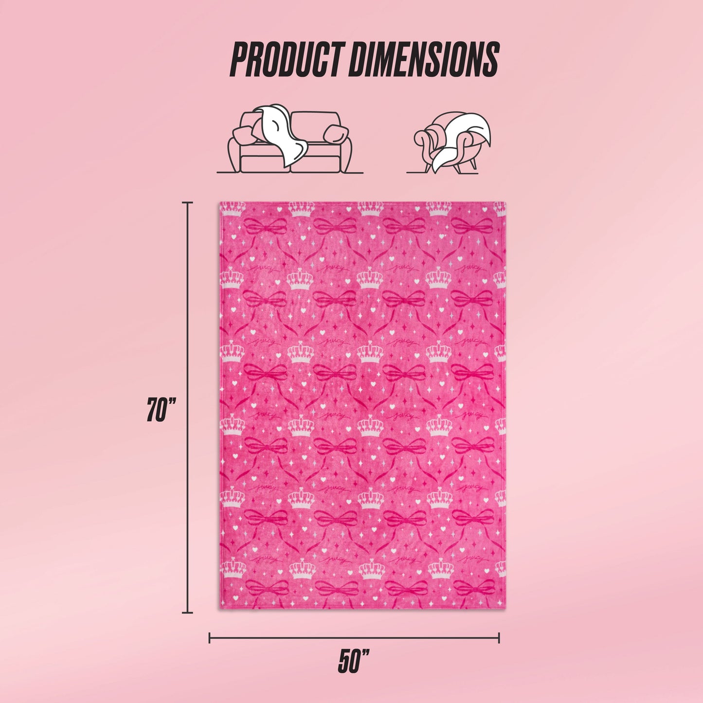 The Kids Plush Throw Blanket features crown and bow patterns, measures 70"x50", and is shown on a pink gradient background with product dimensions plus icons of a couch and a woman enjoying this ultra-soft blanket.