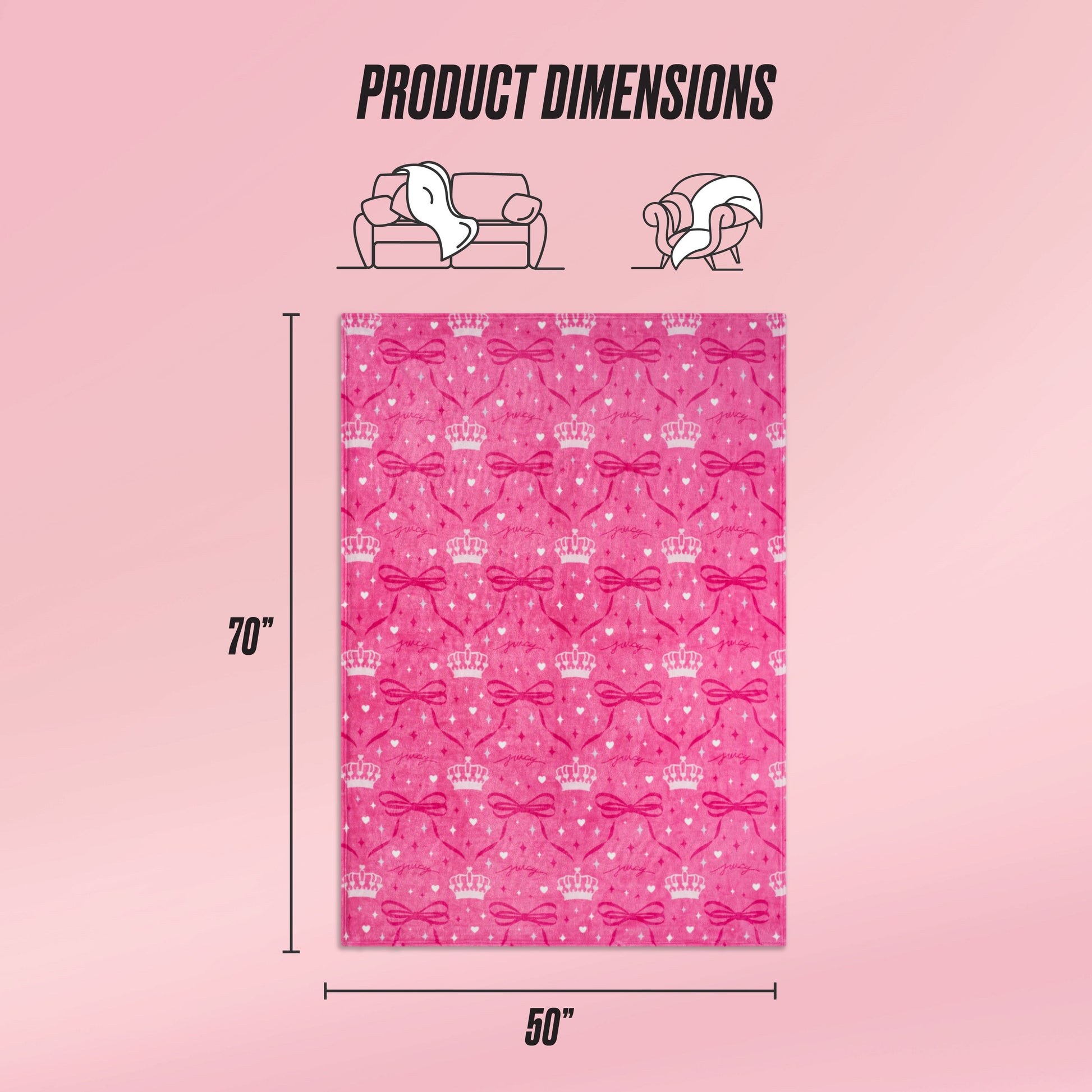 The Kids Plush Throw Blanket features crown and bow patterns, measures 70"x50", and is shown on a pink gradient background with product dimensions plus icons of a couch and a woman enjoying this ultra-soft blanket.