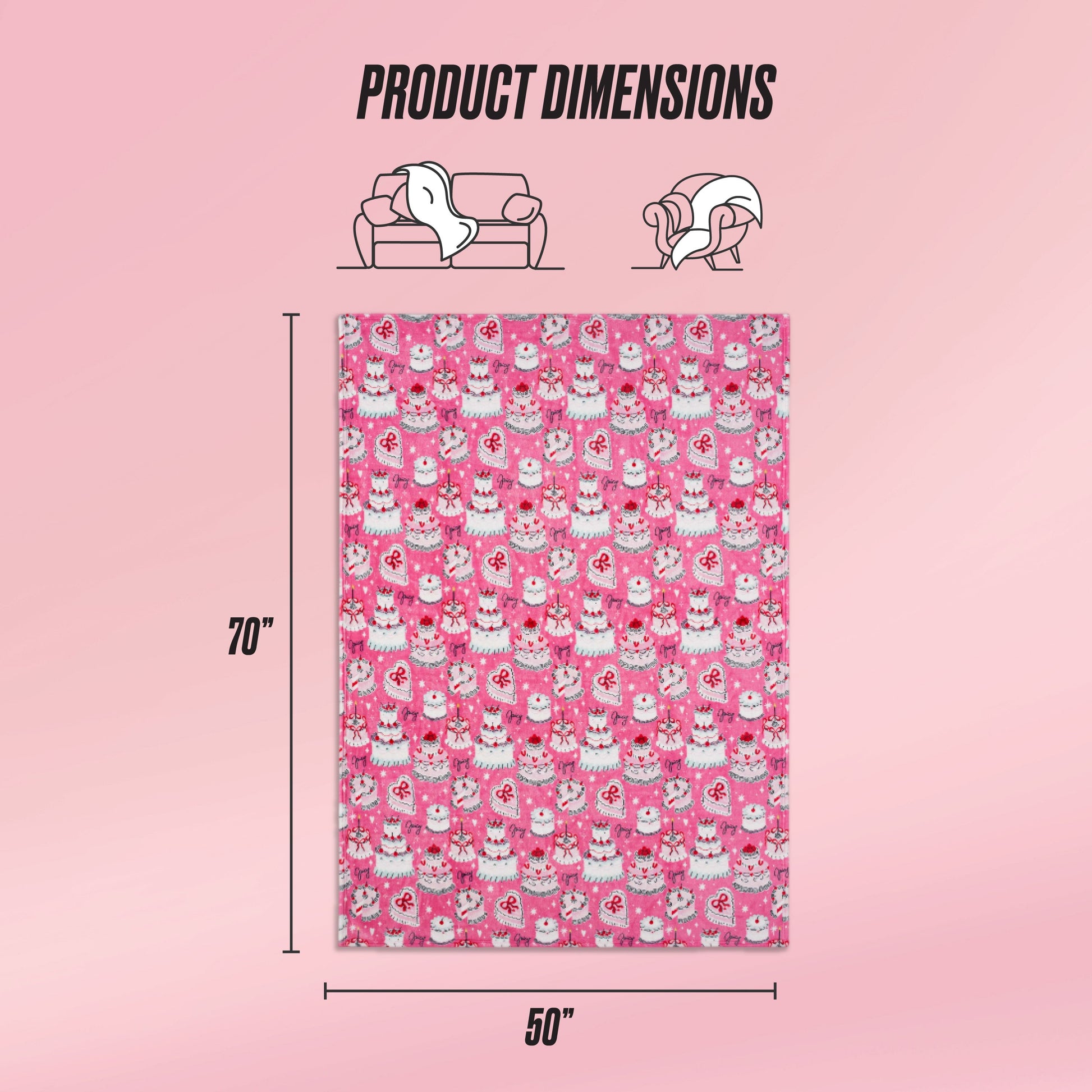 The Kids Plush Throw Blanket is pink and ultra-soft, measuring 70" x 50" with a repeating cartoon cat pattern. Icons above display its size on a sofa and in use, along with Product Dimensions text at the top.