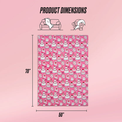The Kids Plush Throw Blanket is pink and ultra-soft, measuring 70" x 50" with a repeating cartoon cat pattern. Icons above display its size on a sofa and in use, along with Product Dimensions text at the top.