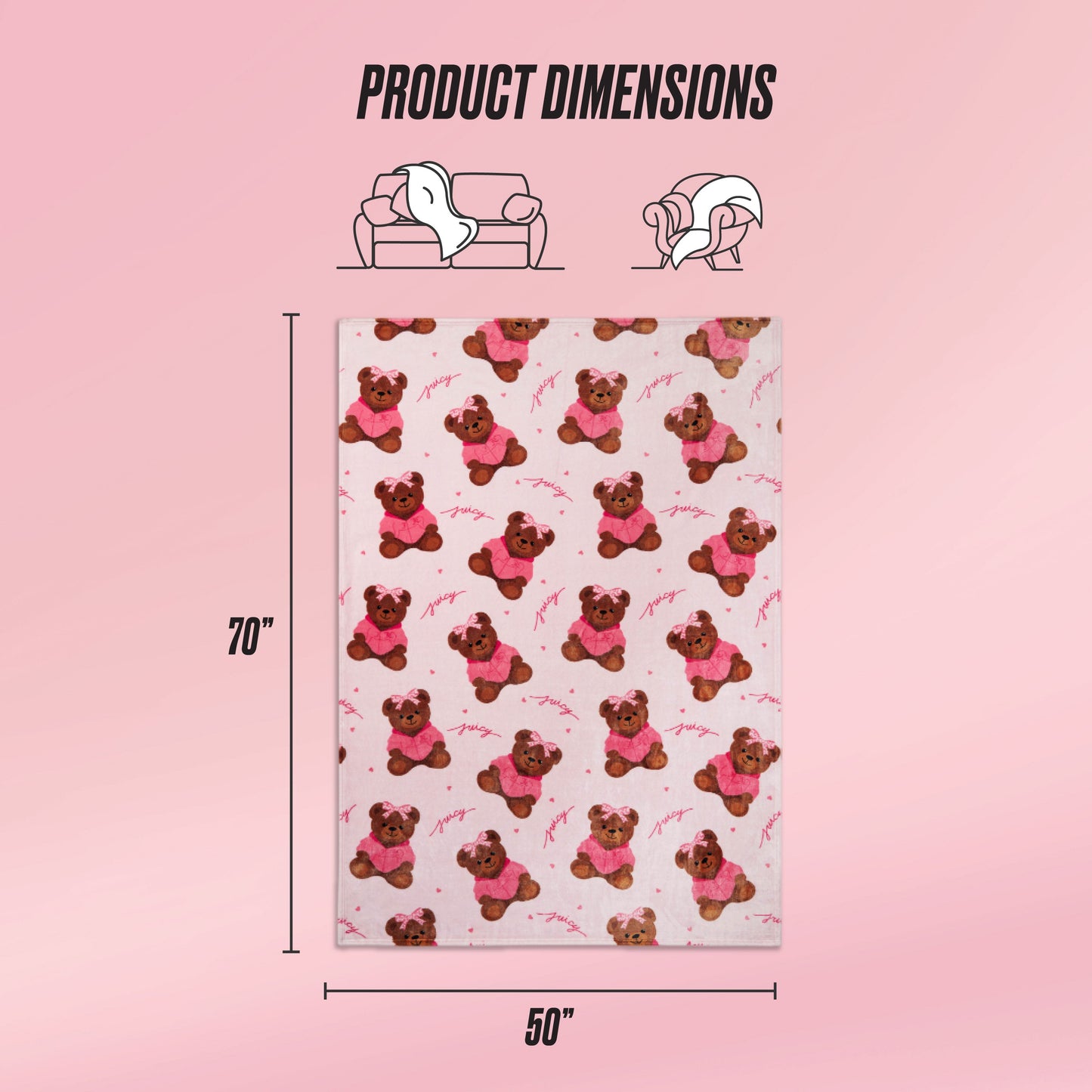 A rectangular pink Kids Plush Throw Blanket with a teddy bear pattern is shown, measuring 70 x 50 inches. Icons highlight its ultra-soft use for couch or bed, with Product Dimensions text also included.