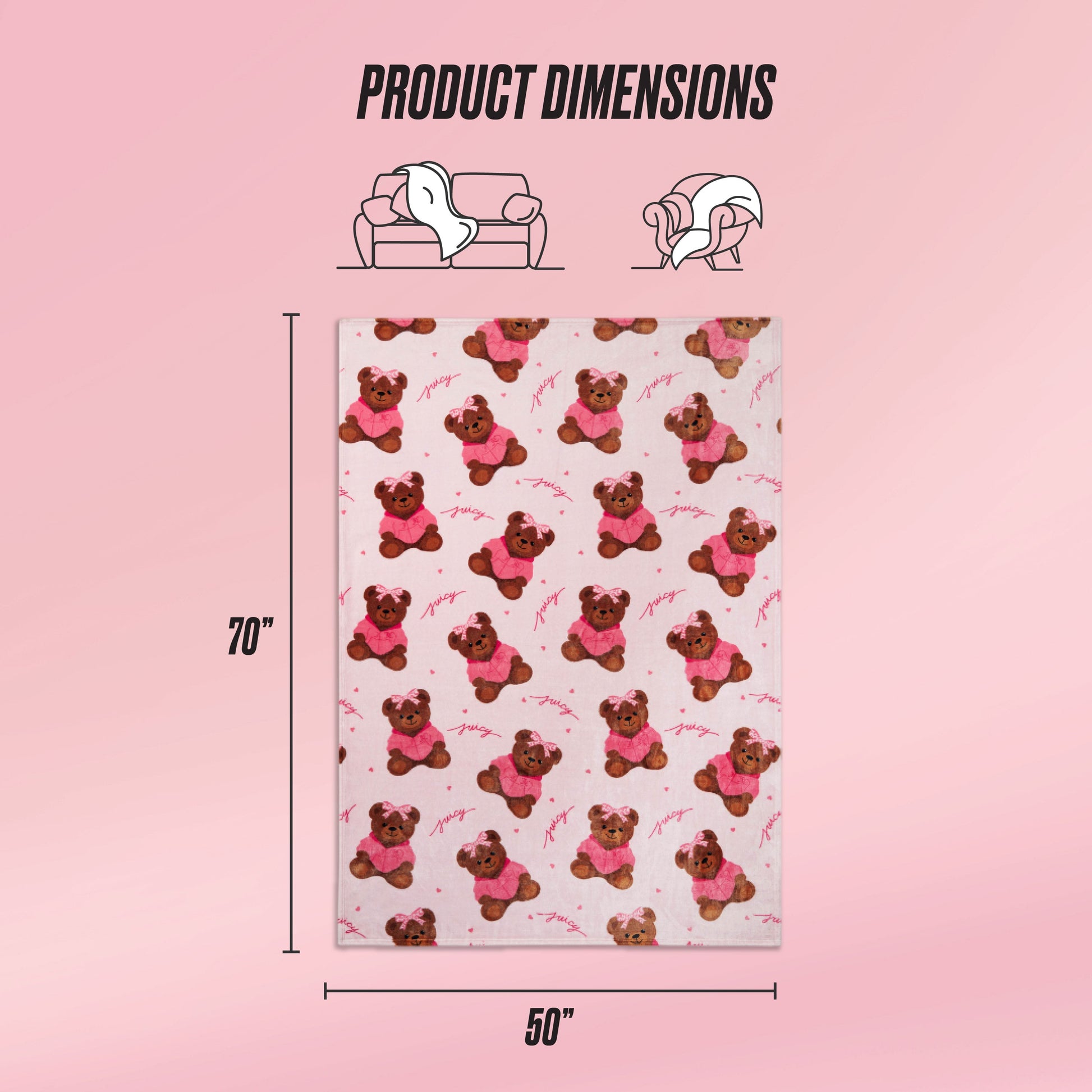 A rectangular pink Kids Plush Throw Blanket with a teddy bear pattern is shown, measuring 70 x 50 inches. Icons highlight its ultra-soft use for couch or bed, with Product Dimensions text also included.