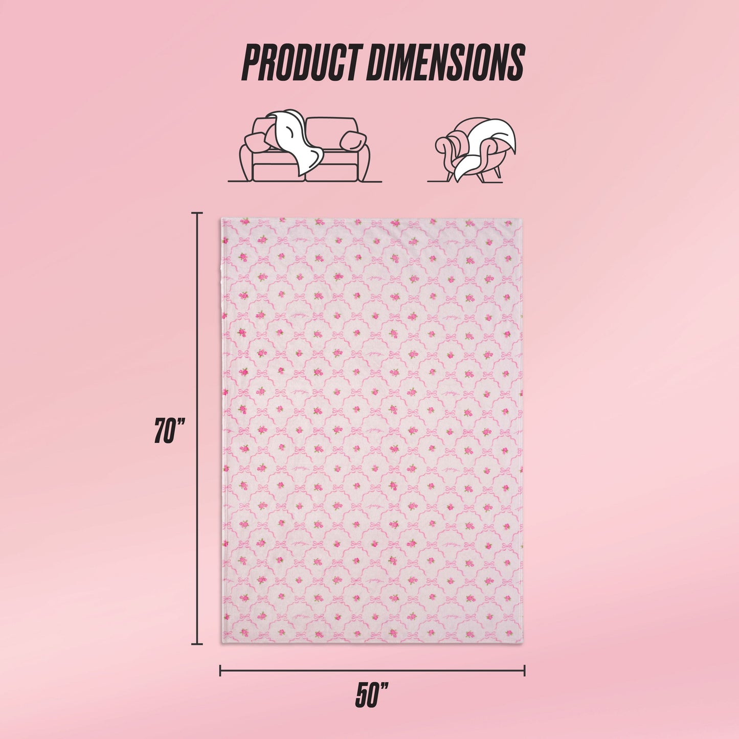 A graphic shows a Kids Plush Throw Blanket by Juicy Couture in pink pattern, labeled 70"x50". Above are "Product Dimensions" text and icons featuring the plush blanket on a sofa and with a person.
