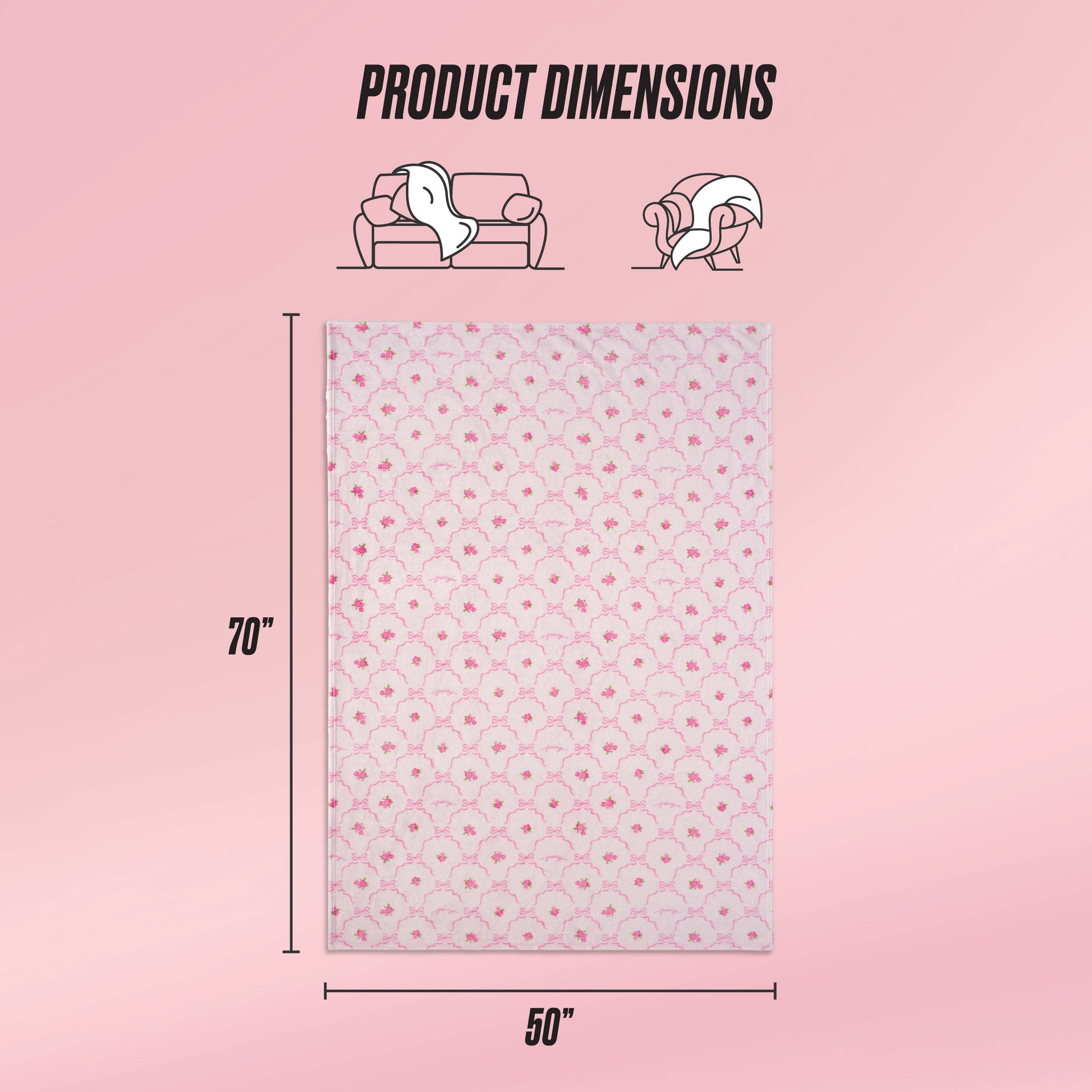 A graphic shows a Kids Plush Throw Blanket by Juicy Couture in pink pattern, labeled 70"x50". Above are "Product Dimensions" text and icons featuring the plush blanket on a sofa and with a person.