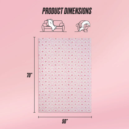 A graphic shows a Kids Plush Throw Blanket by Juicy Couture in pink pattern, labeled 70"x50". Above are "Product Dimensions" text and icons featuring the plush blanket on a sofa and with a person.