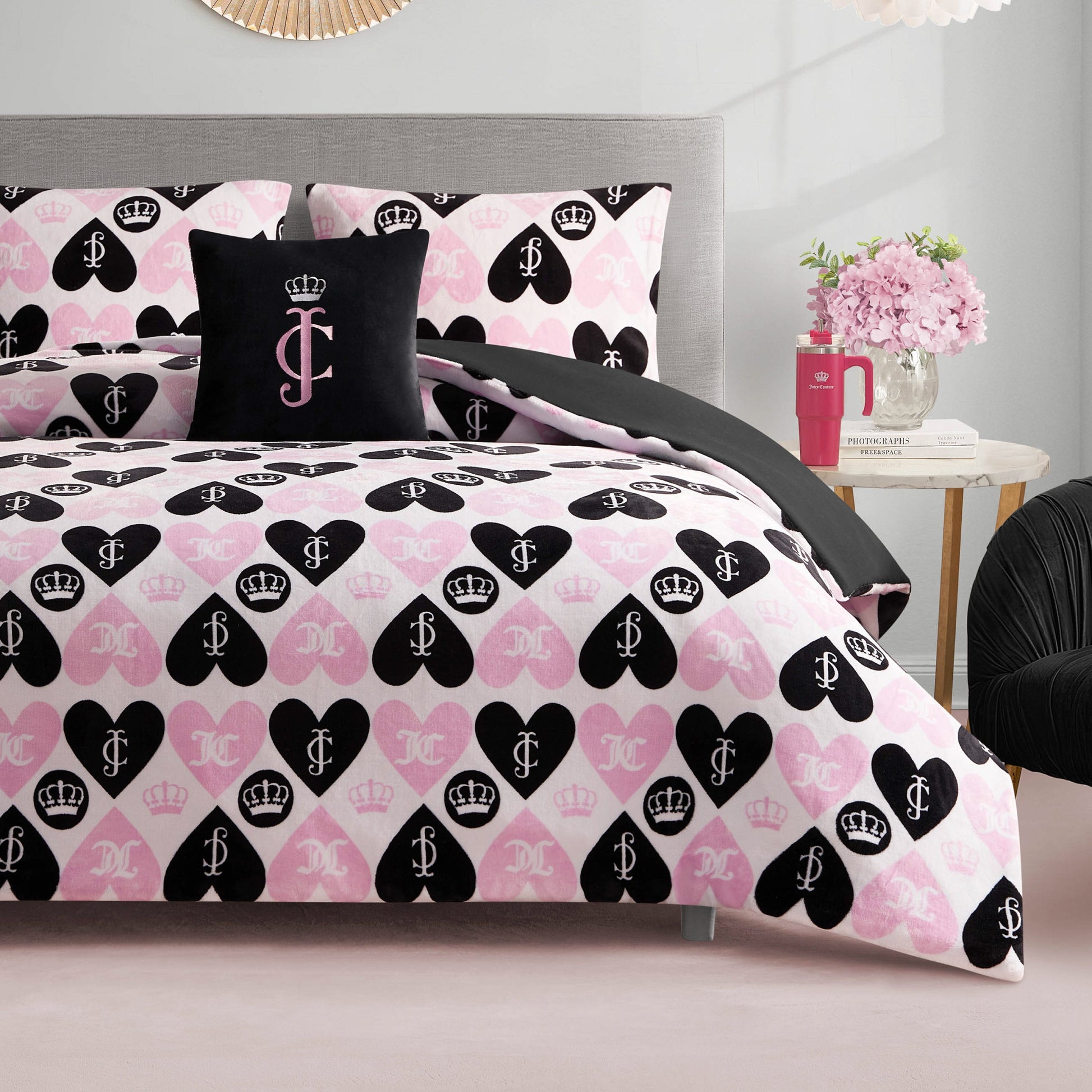 Plush Queen Heart Logo Reversible Comforter Set - Queen Heart Logo - Juicy Couture