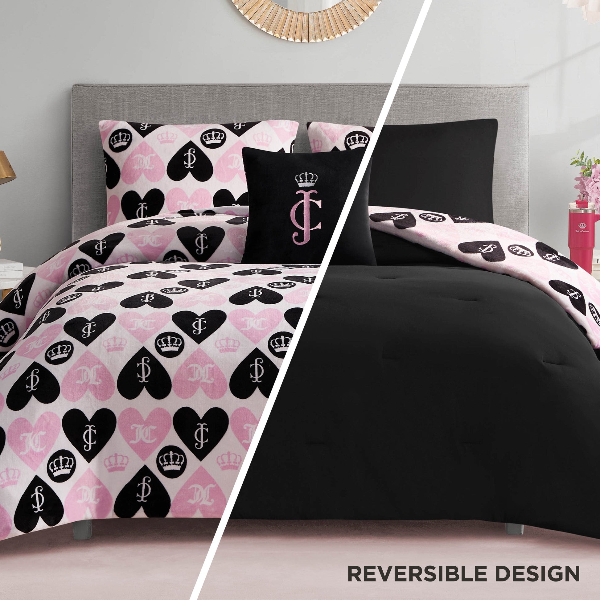 Plush Queen Heart Logo Reversible Comforter Set - Queen Heart Logo - Juicy Couture