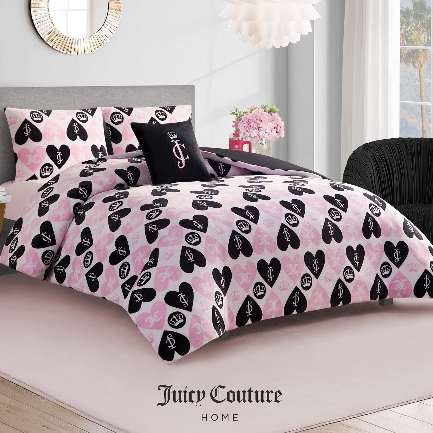 Plush Queen Heart Logo Reversible Comforter Set - Queen Heart Logo - Juicy Couture