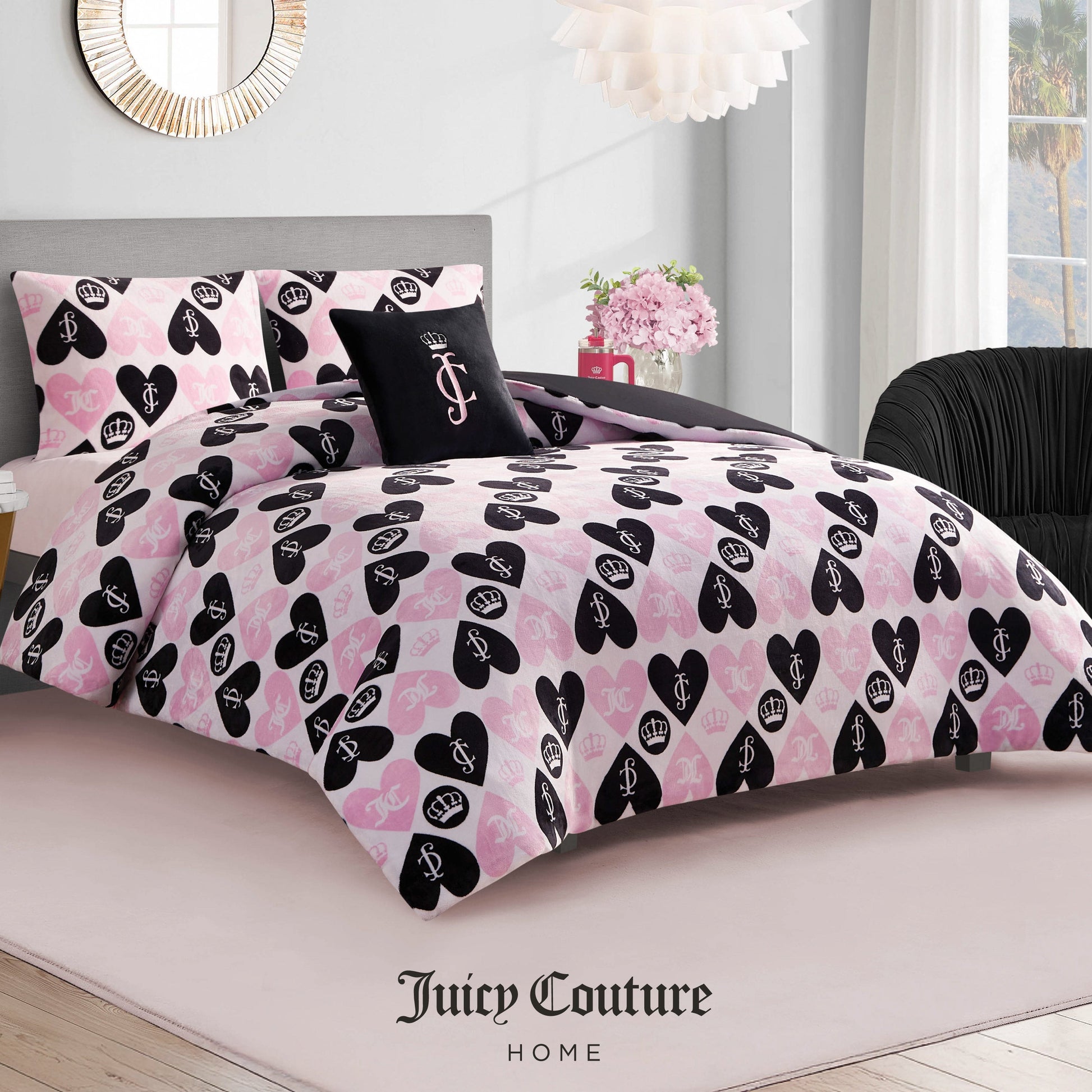 Plush Queen Heart Logo Reversible Comforter Set - Queen Heart Logo - Juicy Couture