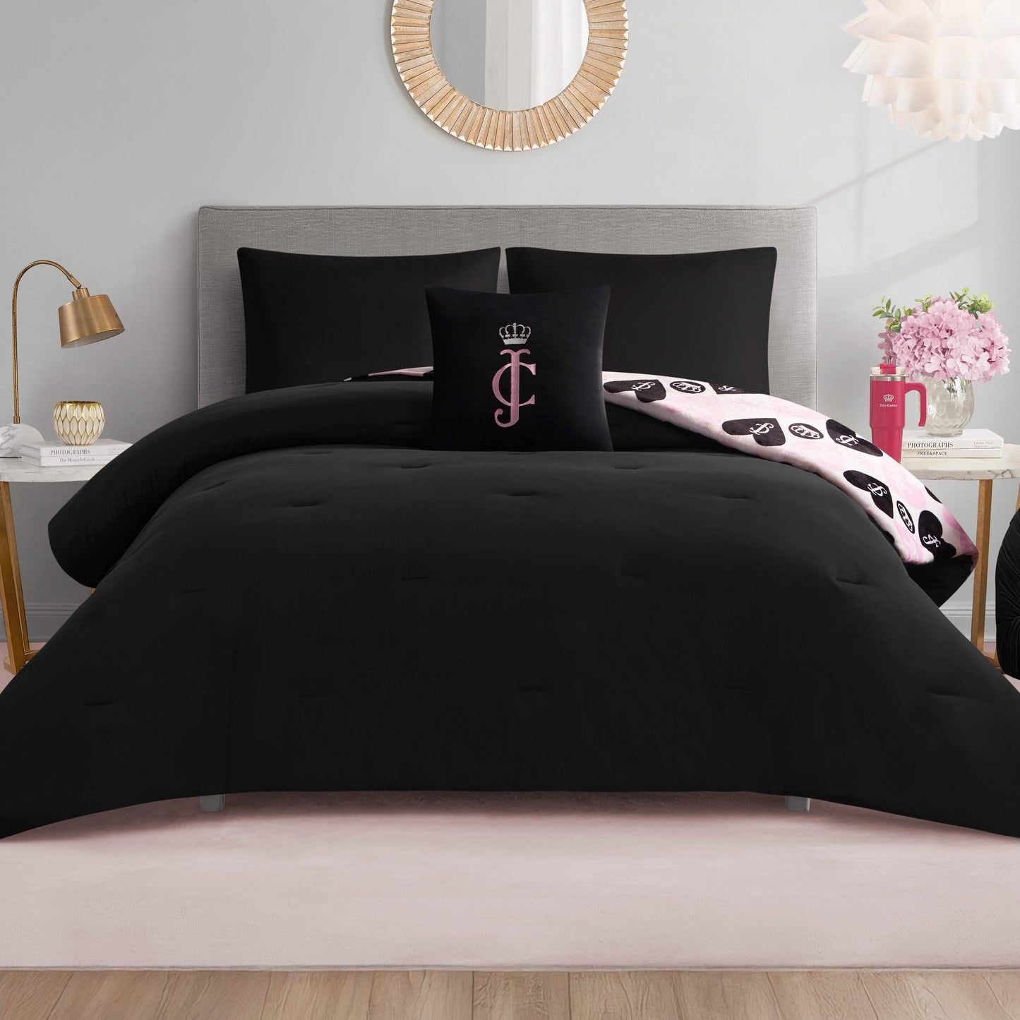 Plush Queen Heart Logo Reversible Comforter Set - Queen Heart Logo - Juicy Couture