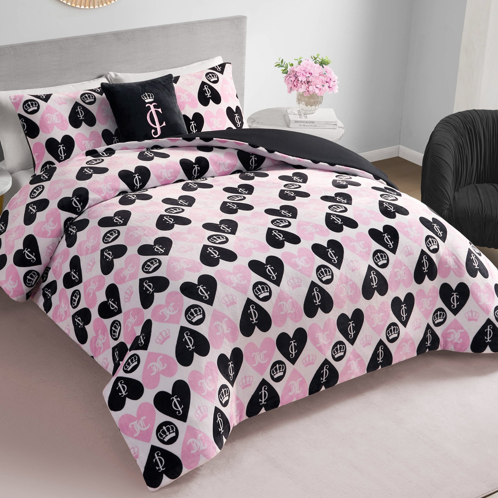 Plush Queen Heart Logo Reversible Comforter Set - Queen Heart Logo - Juicy Couture