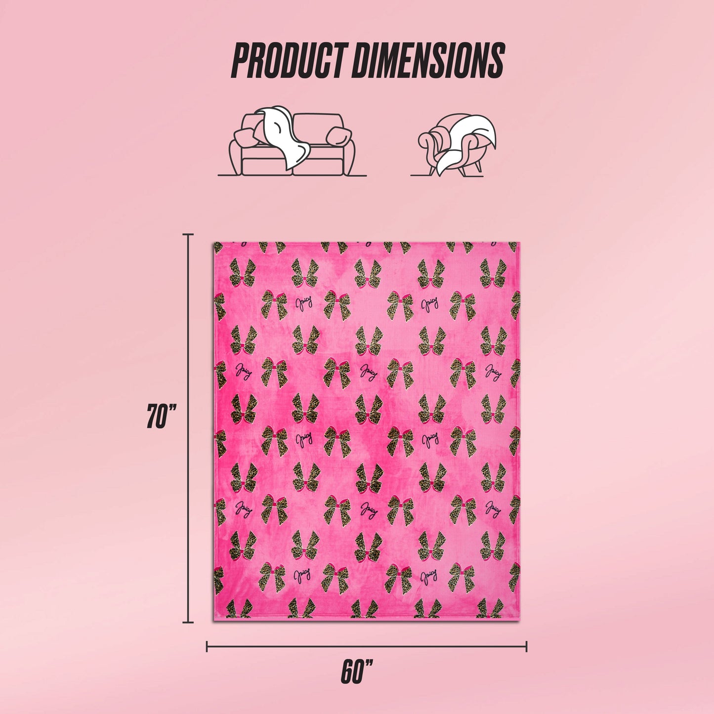 Plush Oversized Throw Blanket by Juicy Couture in pink with a butterfly pattern, shown against a pink background. Ultra-soft, measuring 70"x60". Icons indicate use on sofa or as a wrap. Text: PRODUCT DIMENSIONS.