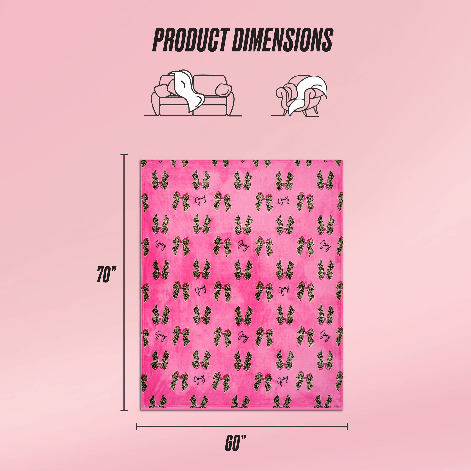 Plush Oversized Throw Blanket by Juicy Couture in pink with a butterfly pattern, shown against a pink background. Ultra-soft, measuring 70"x60". Icons indicate use on sofa or as a wrap. Text: PRODUCT DIMENSIONS.